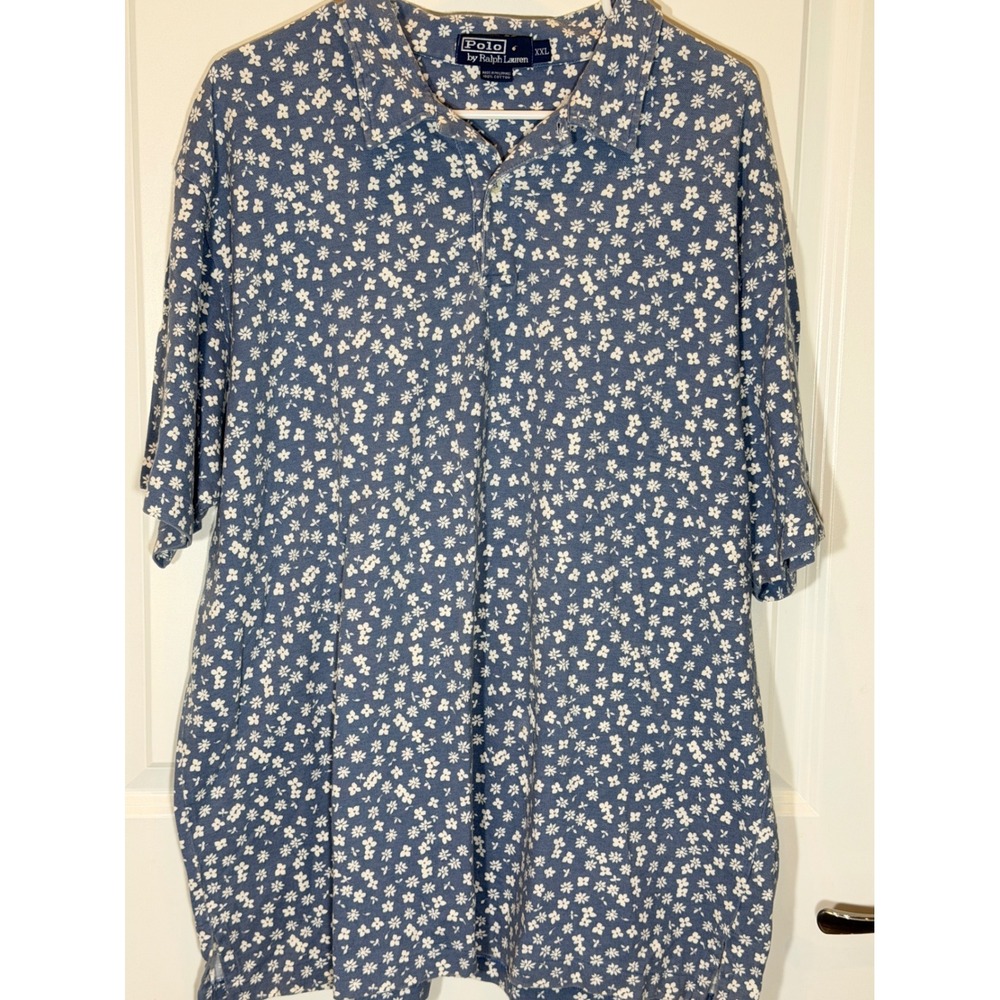 Polo Ralph Lauren Mens XXL Blue Floral Print Cotton Pique Short Sleeve Shirt